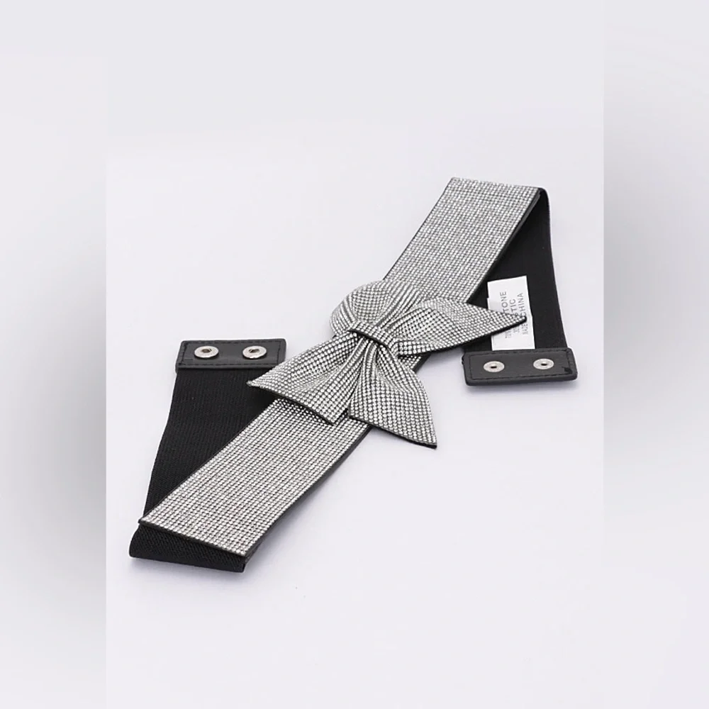 Metallic Rhinestone Bow Tie Elastic Corset Statement Belt